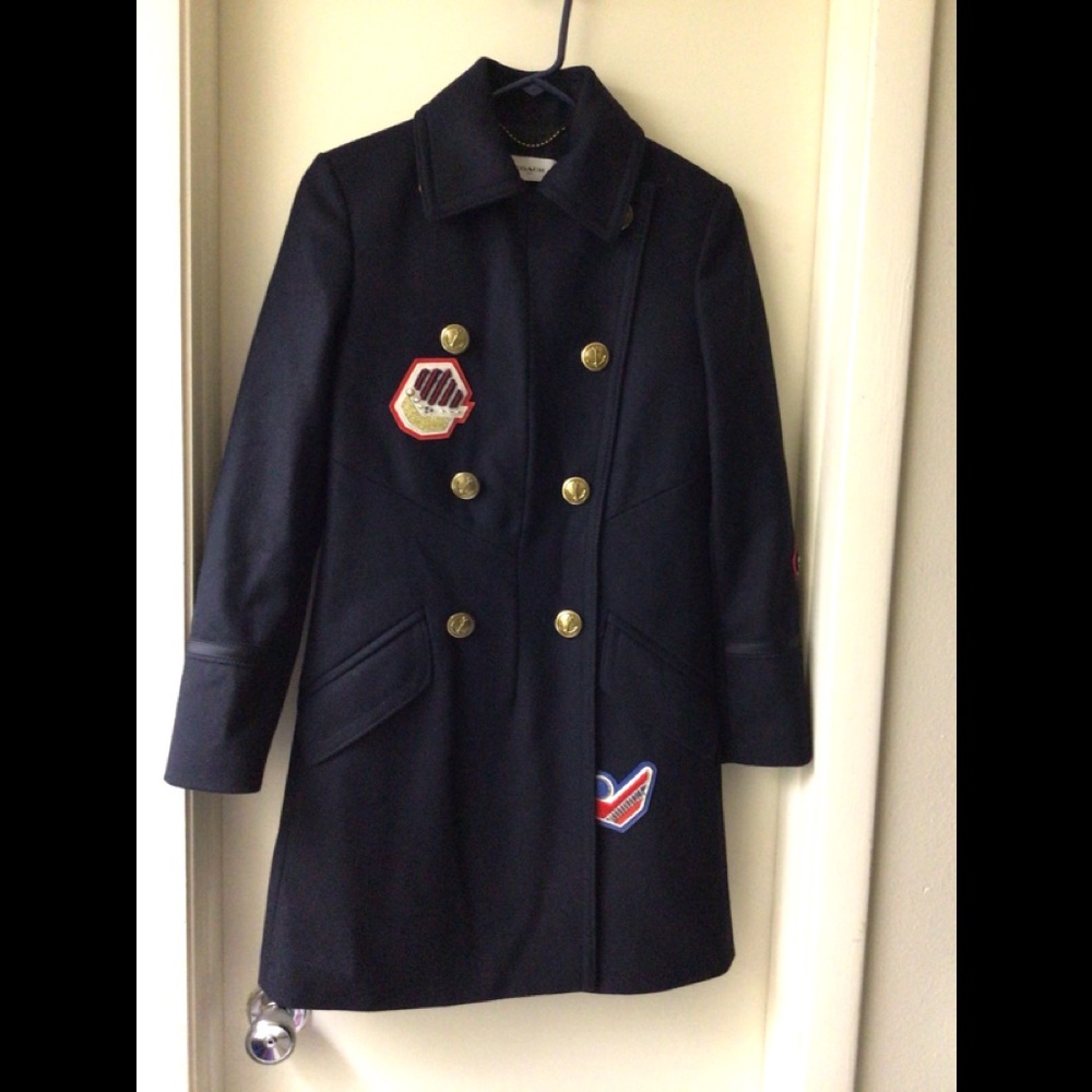 Coach blue 1941 women’s double breasted Pea Coat with patches. - Picture 1 of 8